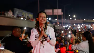 Venezuelan opposition leader and Nobel Peace Prize laureate Maria Corina Machado arrives in Caracas following her return to the country after months abroad, Sunday, Oct. 25, 2026.(AP Photo/Pedro Mattey)