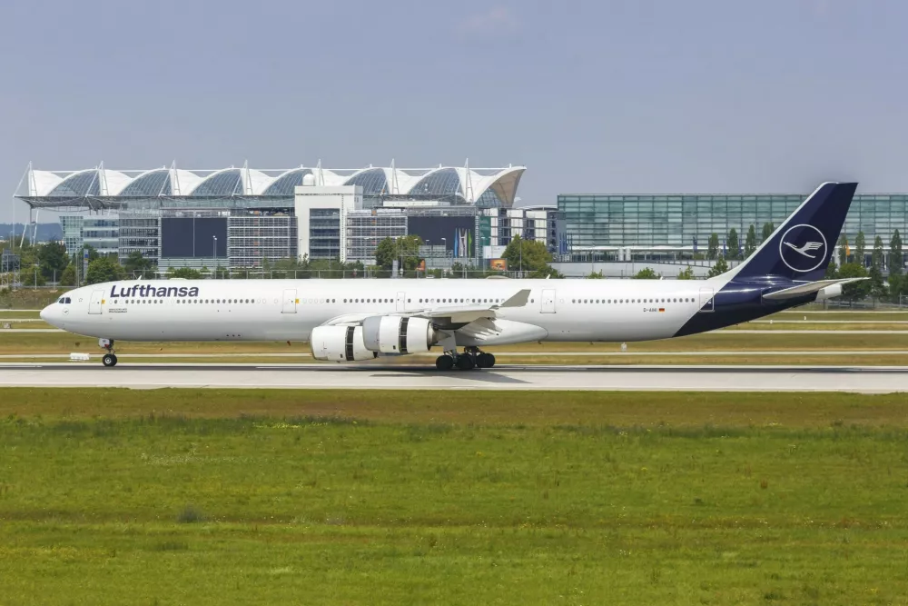 A Lufthansa Airbus A340-600 with registration number D-AIHI at Munich Airport (MUC), Munich, Germany,Image: 596378353, License: Rights-managed, Restrictions:, Model Release: no 