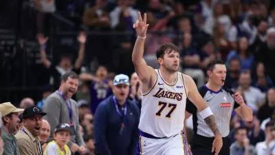 Oct 25, 2026; Salt Lake City, Utah, USA; Los Angeles Lakers guard Luka Doncic (77) reacts after making a shot against the Utah Jazz during the second half at Delta Center. Mandatory Credit: Rob Gray-Imagn Images