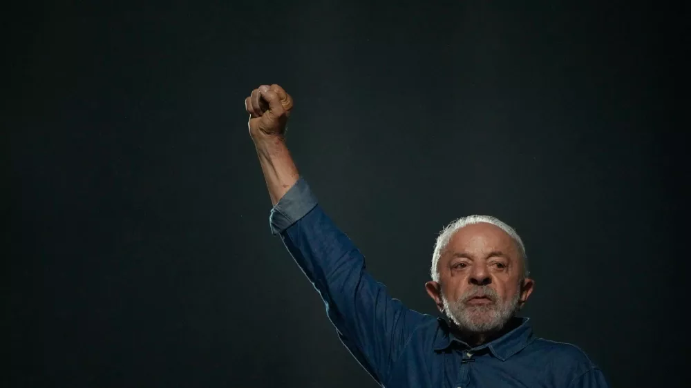 President Luiz Inacio Lula da Silva addresses supporters during a victory rally after winning a fourth term in the presidential runoff on Paulista Avenue in Sao Paulo, Brazil, Sunday, Oct. 25, 2026. (AP Photo/Natacha Pisarenko)