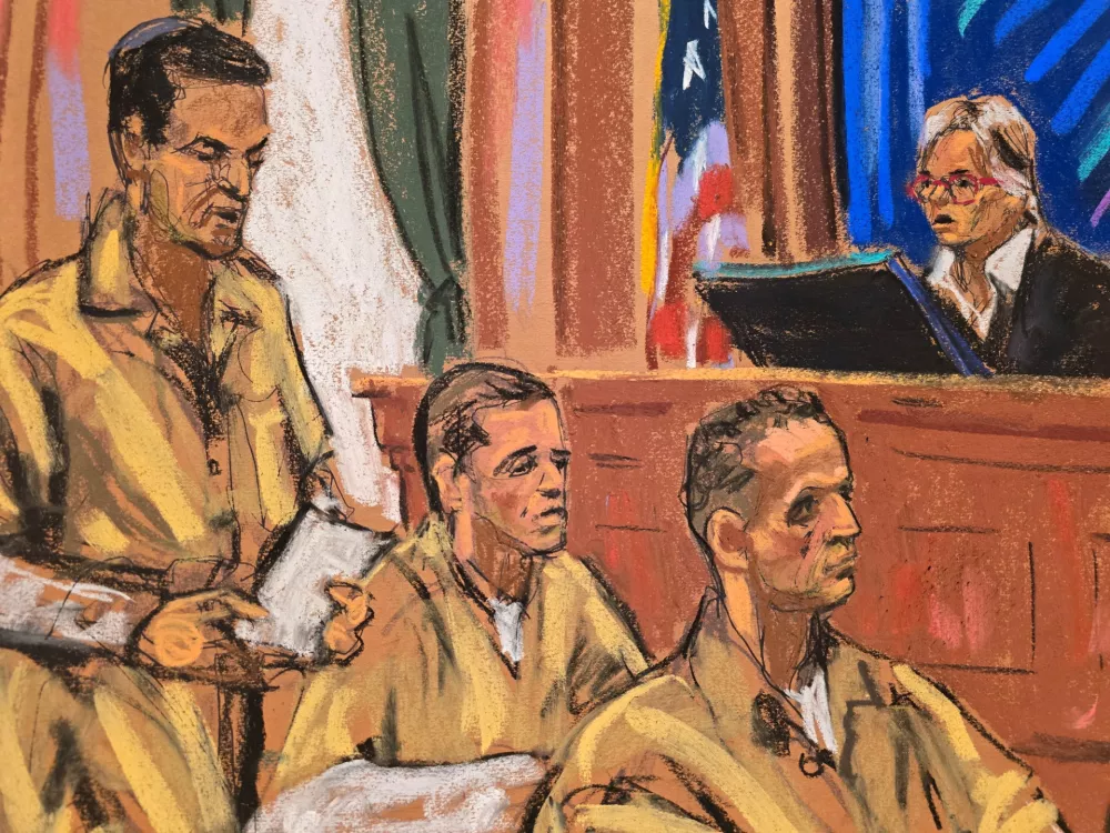 Real estate brokers Oren and Tal Alexander and their bother Alon, who were found guilty of repeatedly drugging, sexually assaulting, and raping dozens of female victims, attend their sentencing as District Judge Valerie Caproni presides at a New York courtroom in New York, US, October 27, 2026 in this courtroom sketch. REUTERS/Jane Rosenberg