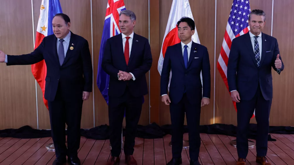 From left, Philippines Defense Secretary Gilberto Teodoro, Australia Defense Minister Richard Marles, Japan Defense Minister Shinjiro Koizumi and U.S.Defense Secretary Pete Hegseth pose for pictures before holding a Quadrilateral Meeting on the sidelines of the 20th Association of Southeast Asian Nations (ASEAN) Defence Ministers' Meeting (ADMM) and 13th ADMM-Plus Meetings in Cebu, Philippines, Wednesday, Oct. 28, 2026..(Rolex Dela Pena/Pool Photo via AP)