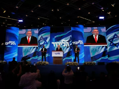 Israeli Prime Minister and Likud party leader Benjamin Netanyahu speaks following exit polls for Israel's national election, at Likud's election headquarters in Jerusalem, October 28, 2026. REUTERS/Ammar Awad
