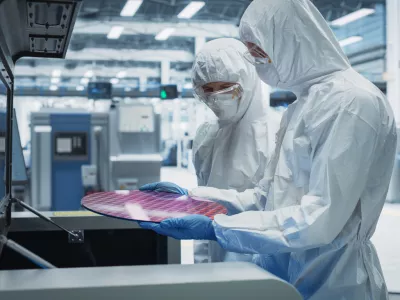 Semiconductor Production Process At Electronics Factory: Two Technicians In Sterile Suits Taking Out Silicon Wafer From Soldering Jet Printer And Checking It. Engineers Making Hardware For Computers