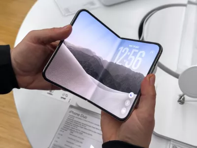 New Apple iPhone Duo is seen on display in a store in Krakow, Poland, on October 24, 2026. Apple's first foldable smartphone features a 7.6-inch inner display, a 5.4-inch outer display and an A20 Pro chip. Its dual 48MP camera system is designed for photography and video. (Photo by Marcin Golba/NurPhoto)NO USE FRANCE