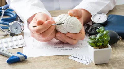 At doctors appointment physician shows to patient shape of brain with focus on hand with organ. Scene explaining patient causes and localization of diseases of brain, nerves and nervous system
