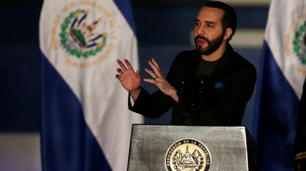 FILE PHOTO: El Salvador's President Nayib Bukele speaks during a deployment ceremony for the Territorial Control plan and army officers' graduation at the Captain Gerardo Barrios Military Academy in Antiguo Cuscatlan, El Salvador December 15, 2021. REUTERS/Jose Cabezas/File Photo