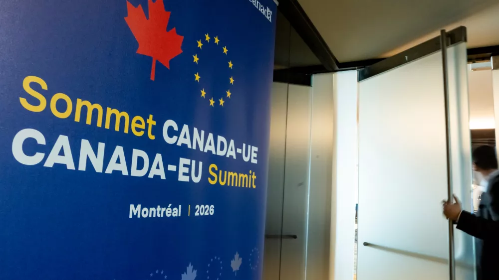 Signage for the EU-Canada summit, in Montreal, is seen on Thursday, Oct. 29, 2026. (Christopher Katsarov/The Canadian Press via AP)