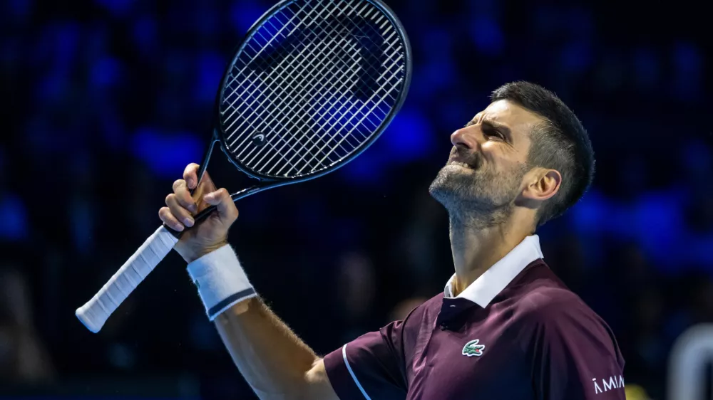 Serbia's Novak Djokovic during his round of sixteen match against Germany's Jan-Lennard Struff at the Swiss Indoors tennis tournament in Basel, Switzerland, Thursday Oct. 29, 2026. (Georgios Kefalas/Keystone via AP)