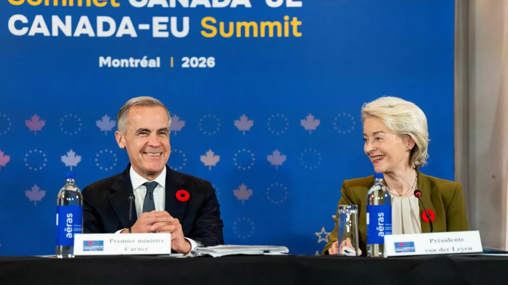 President of the European Commission Ursula von der Leyen gives remarks alongside Prime Minister Mark Carney at a roundtable with business leaders during the Canada-EU Summit, in Montreal, October 29, 2026. Christopher Katsarov/Pool via REUTERS