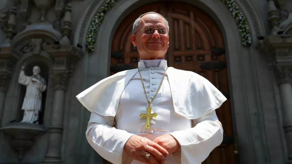 A silicone statue of Pope Leo, created by Peruvian artist Walt Wizard, is displayed outside of a Catholic church ahead of the Pope's November visit to Peru and other countries in South America, in Lima, Peru, October 28, 2026. REUTERS/Stifs Paucca
