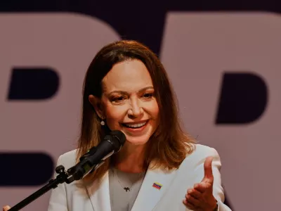 Venezuelan opposition leader Maria Corina Machado holds a press conference in Caracas, Venezuela, Thursday Oct. 29, 2026. (AP Photo/Pedro Mattey)