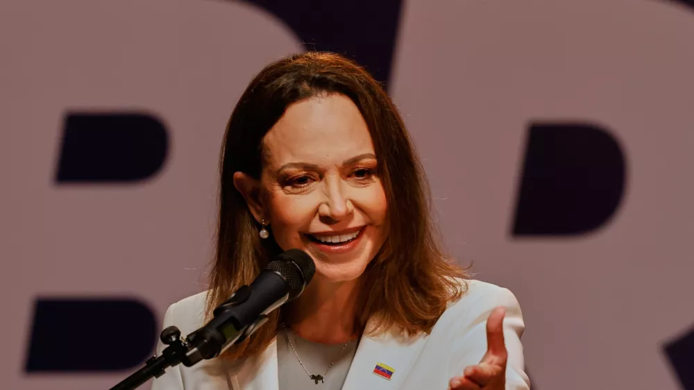 Venezuelan opposition leader Maria Corina Machado holds a press conference in Caracas, Venezuela, Thursday Oct. 29, 2026. (AP Photo/Pedro Mattey)