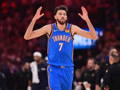 OKLAHOMA CITY, OKLAHOMA - OCTOBER 22: Chet Holmgren #7 of the Oklahoma City Thunder celebrates during the first half against the Denver Nuggets at Paycom Center on October 22, 2026 in Oklahoma City, Oklahoma.,Image: 1145818783, License: Rights-managed, Restrictions: NOTE TO USER: User expressly acknowledges and agrees that, by downloading and or using this photograph, User is consenting to the terms and conditions of the Getty Images License Agreement., Model Release: no 