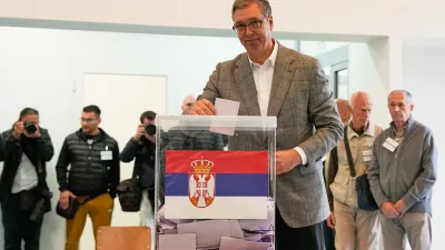 Aleksandar Vucic, leader of the right-wing Serbian Progressive Party (SNS) casts his vote in a parliamentary election in Belgrade, Serbia, Sunday, Oct. 25, 2026. (AP Photo/Darko Vojinovic)