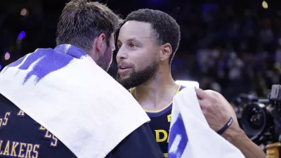 Oct 30, 2026; San Francisco, California, USA; Los Angeles Lakers guard Luka Doncic (77) and Golden State Warriors guard Stephen Curry (30) greet each other after the game during the fourth quarter at Chase Center. Mandatory Credit: Kelley L Cox-Imagn Images