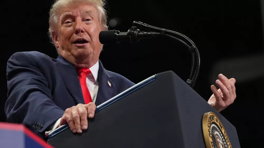 President Donald Trump speaks at a campaign rally at the Ocean Center, in Daytona Beach, Fla., Friday, Oct. 30, 2026. (AP Photo/Jacquelyn Martin)