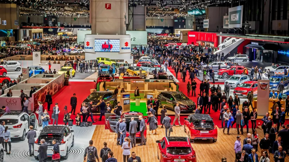 2CH63HJ Visitors and cars overview of the 89th Geneva International Motor Show. Geneva, Switzerland - March 5, 2019.