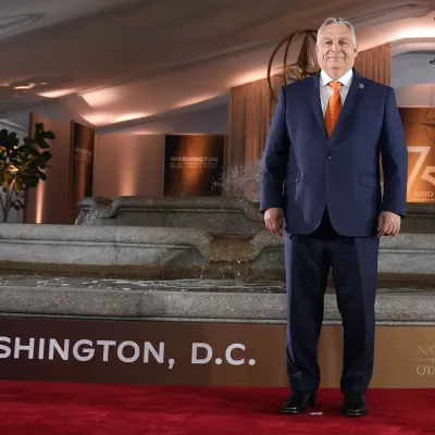 Hungary's Prime Minister Viktor Orban arrives at an event commemorating the 75th anniversary of NATO at the Andrew W. Mellon Auditorium at the NATO summit in Washington, Tuesday, July 9, 2024. (AP Photo/Mark Schiefelbein)