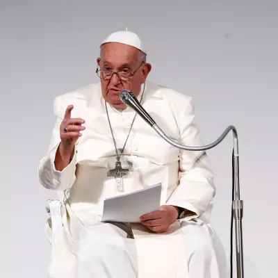 FILE PHOTO: Pope Francis speaks at the 50th Social Week of Catholics at the "Generali Convention Center" in Trieste, Italy, July 7, 2024. REUTERS/Alessandro Garofalo/File Photo